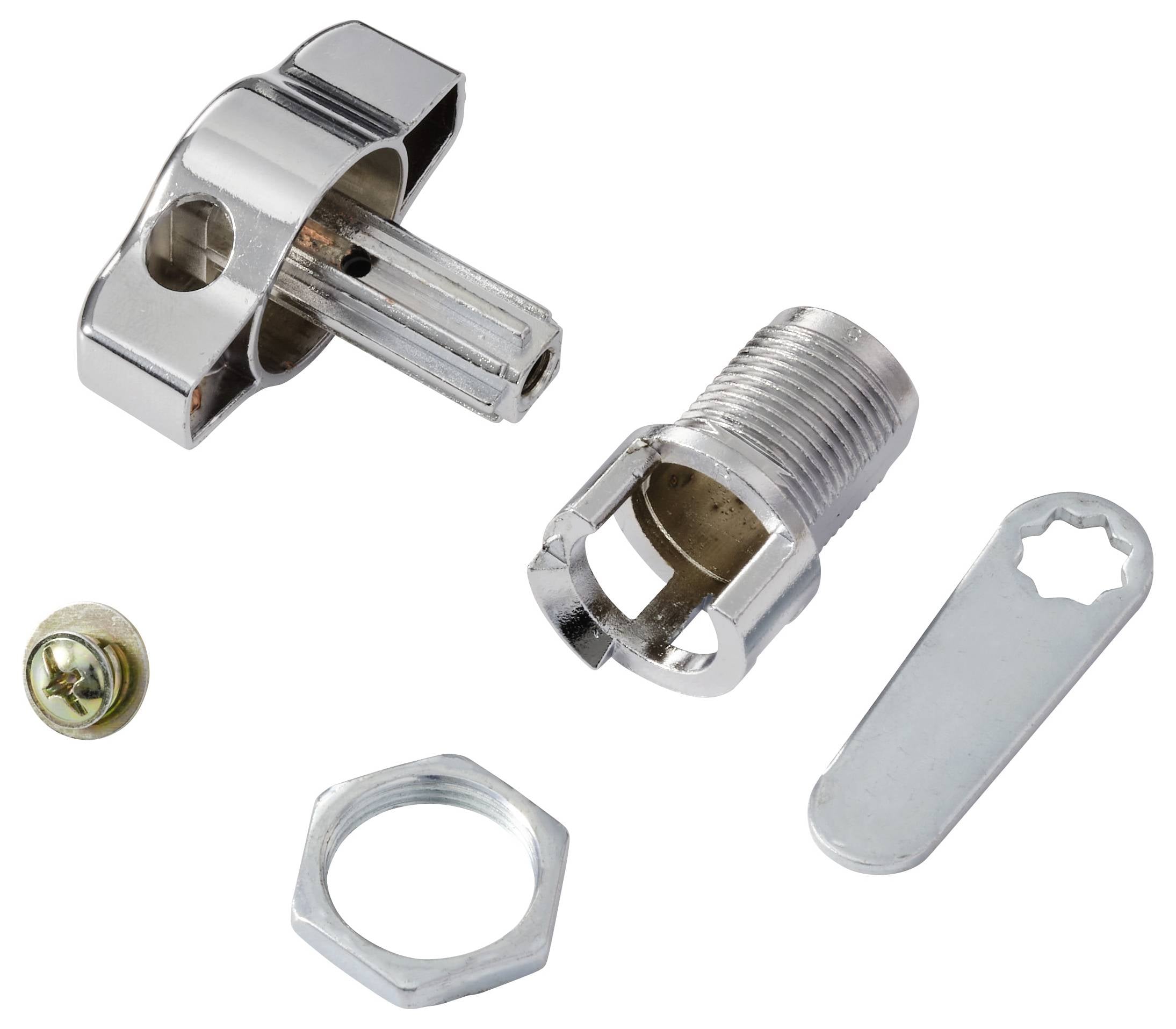 Die Komponenten der Schlossnockeneinheit umfassen eine verchromte Schlüssellochblende, einen Gewindezylinder, eine Schraube, eine Mutter, eine Unterlegscheibe und einen Metallschlüssel.