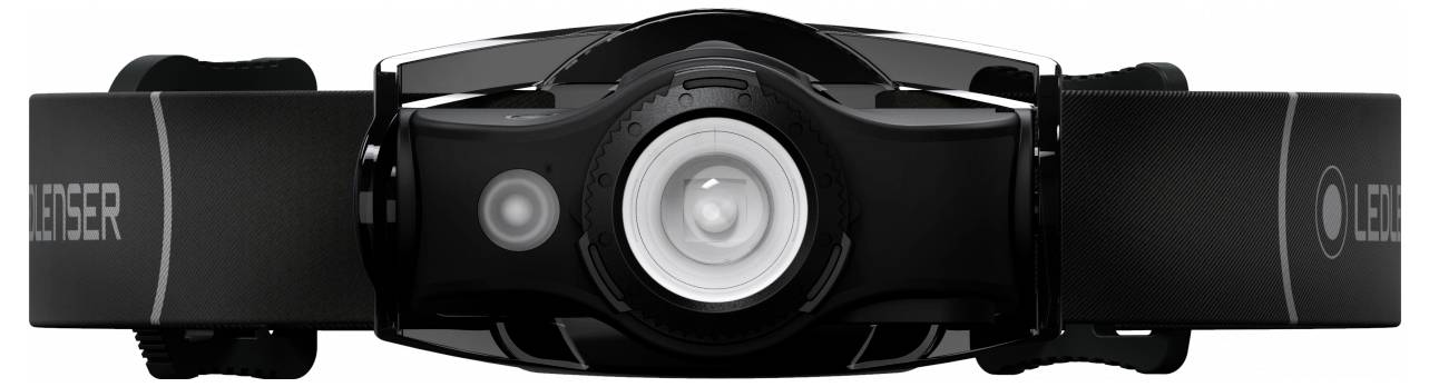 Eine schwarze Stirnlampe mit verstellbarem Gurt und zentraler LED-Beleuchtung, die für den Outdoor-Einsatz konzipiert ist, betont Langlebigkeit und Helligkeit.