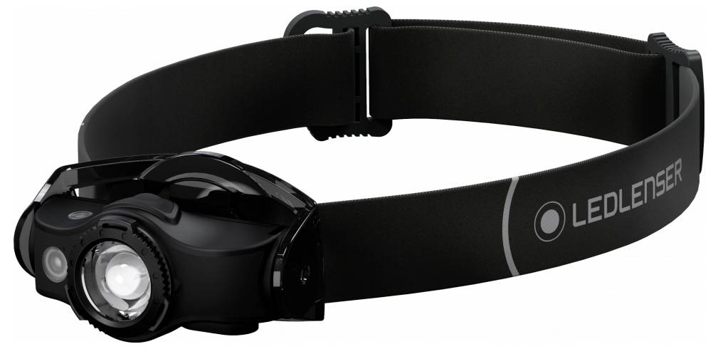 Eine schwarze LED-Stirnlampe mit verstellbarem Kopfband, auf dessen Seite der Markenname 'LEDLENSER' in weiß angebracht ist.