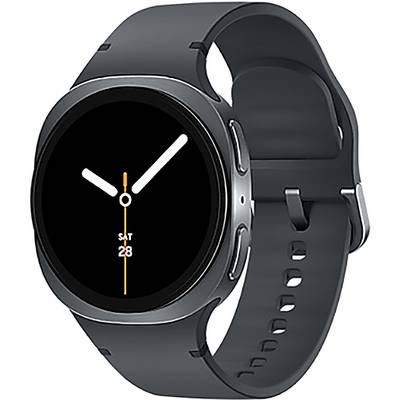 Eine schwarze Smartwatch mit einem kreisförmigen Display zeigt die Zeit in einem minimalistischen Design. Der aktuelle Tag, ‚SAT', und das Datum, ‚28', erscheinen in Orange.