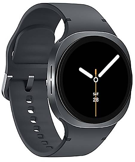 Eine Smartwatch mit einem schwarzen Armband zeigt eine analoge Zifferblattoberfläche, die das Datum "Sa 28" anzeigt.