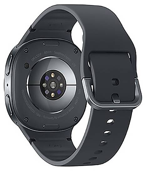 Smartwatch Rückansicht mit Sensoren und einem schwarzen verstellbaren Armband.