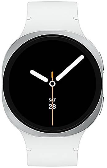 Eine weiße Smartwatch mit rundem Display, auf dem Zeiger im Analogstil zu sehen sind. Die Uhr zeigt das Datum, 'Sa 28'.