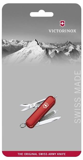Victorinox Schweizer Armeemesser Verpackung mit einem roten Multitool, schneebedeckten Bergen und dem Text "SWISS MADE" und "DAS ORIGINAL SCHWEIZER ARMEEMESSER".