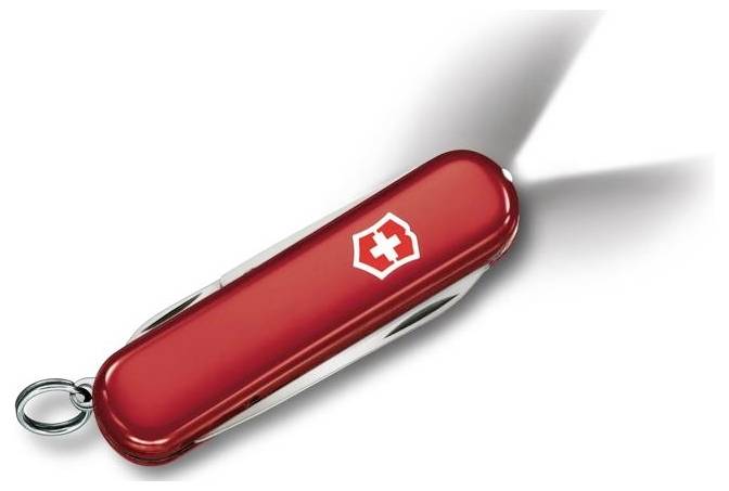 Rotes Schweizer Taschenmesser mit Schlüsselring, geschlossen auf weißem Hintergrund dargestellt.