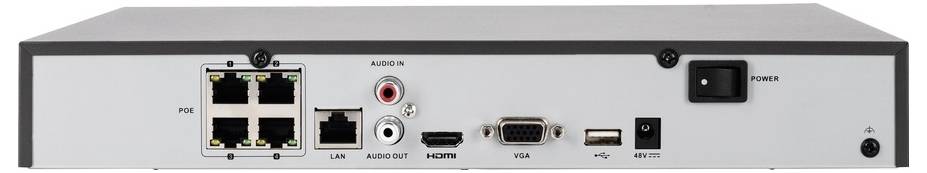 Rückseite eines elektronischen Geräts mit mehreren Anschlüssen: vier Ethernet-Ports, ein LAN-Anschluss, Audioausgang, HDMI, VGA, USB und ein Netzschalter.