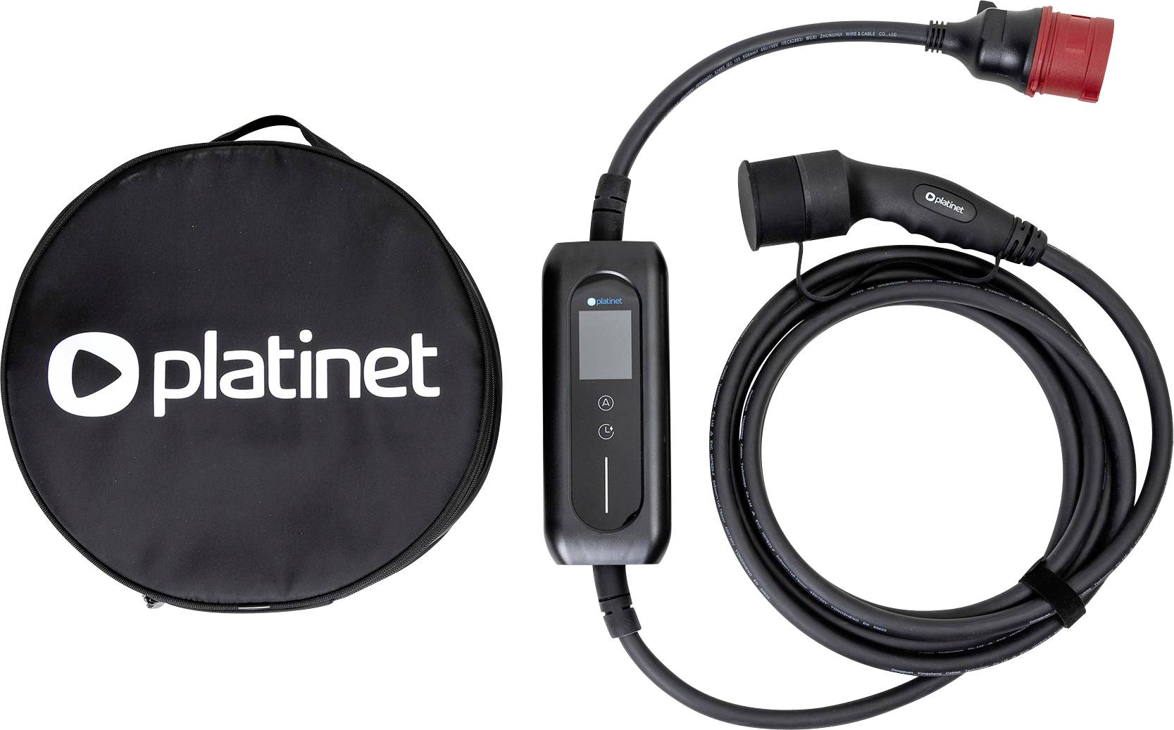 Ein schwarzes EV-Ladekabel mit Steuerungsbox und Stecker, aufgerollt neben einem runden schwarzen Gehäuse mit der Beschriftung "platinet".