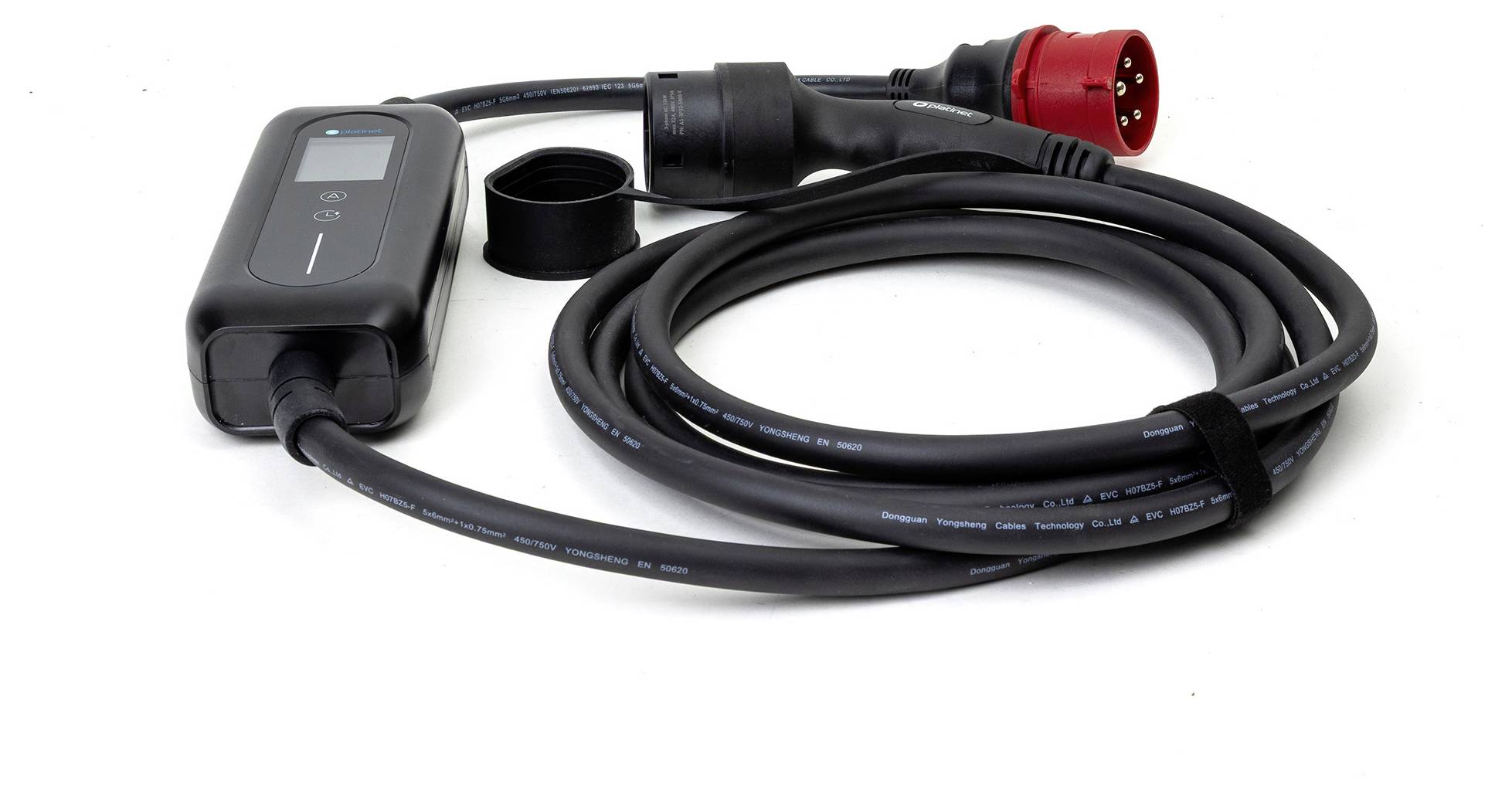 Elektrofahrzeug-Ladekabel mit einem roten industriellen Stecker und einem Steuerungsgehäuse, entwickelt für sichere und effiziente Stromübertragung.