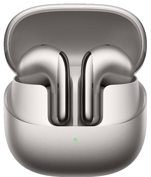 Offene graue Ladebox mit drahtlosen Kopfhörern im Inneren, aufrecht positioniert. Die Box verfügt über eine grüne LED-Anzeige an der Vorderseite.