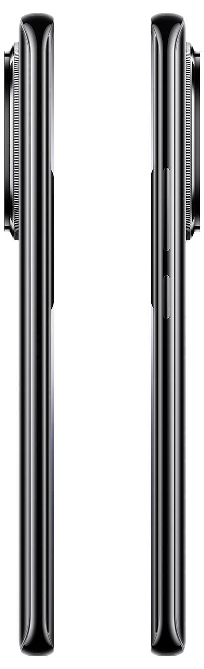 Seitenansicht von zwei schwarzen Smartphones, die jeweils Kameraausbuchtungen und Tasten am rechten Rand zeigen, was einen Fokus auf Design und Dicke andeutet.