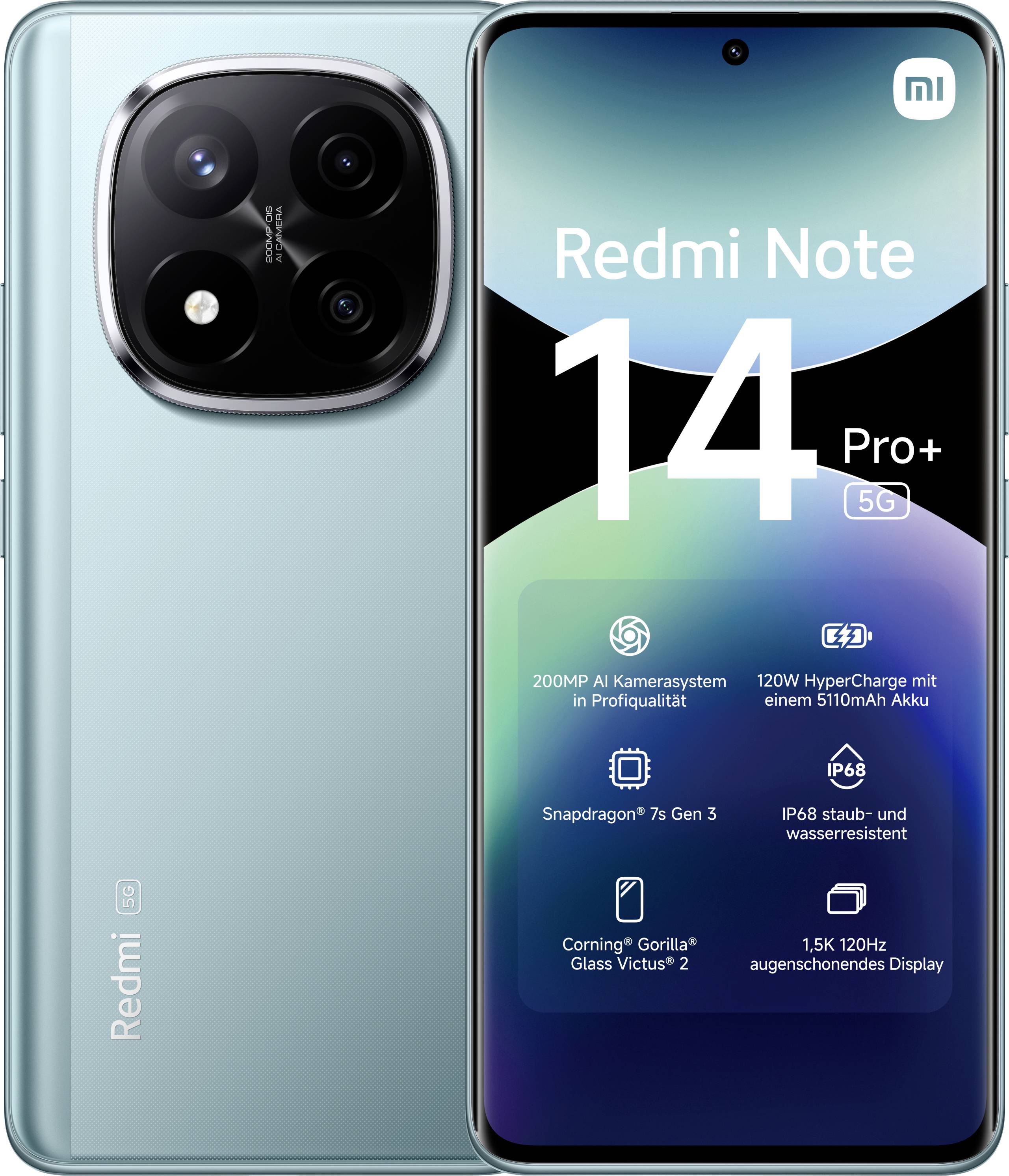 Front- und Rückansicht eines Smartphones mit der Bezeichnung 'Redmi Note 14 Pro+ 5G' mit Schlüsselmerkmalen wie einer 200-MP-Kamera, Snapdragon 7 Gen 3 und Wasserresistenz.