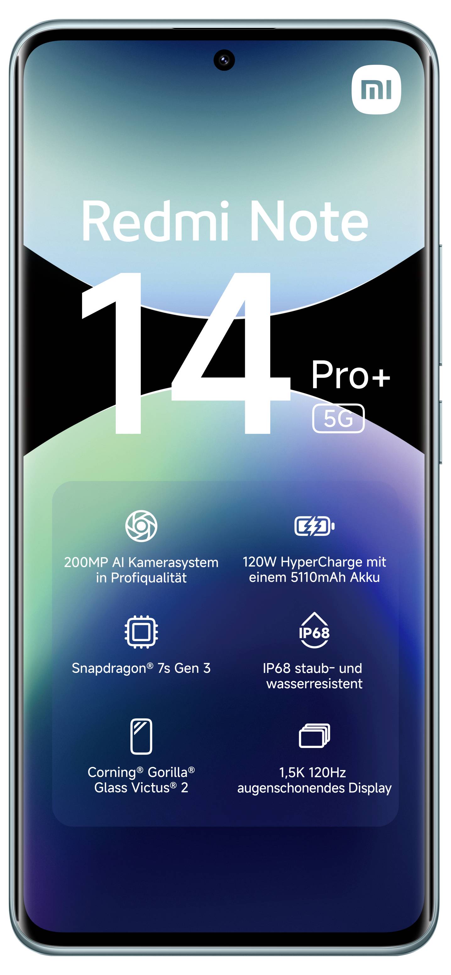 Smartphone mit Anzeige von 'Redmi Note 14 Pro+' mit Spezifikationen: 200-MP-Kamera, 120-W-Ladung, Snapdragon 7s Gen 3, IP68-Zertifizierung und 120-Hz-Display.