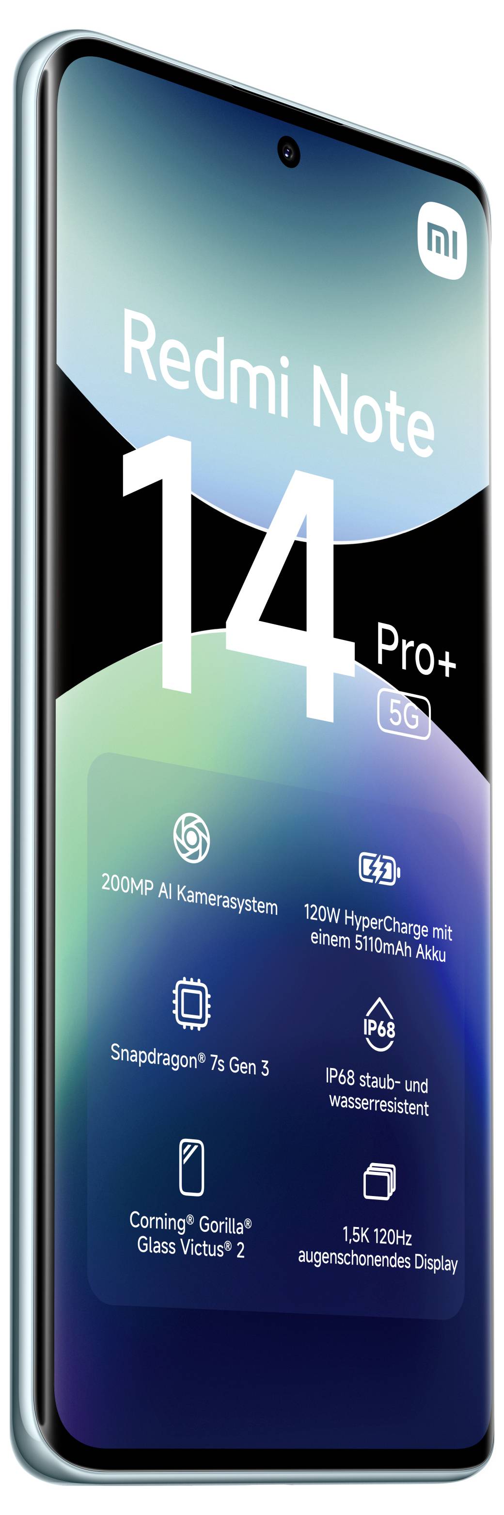 Smartphone mit Funktionen: '200MP KI-Kamera', '120W HyperCharge', 'Snapdragon 7s Gen 3', 'Corning Gorilla Glass Victus 2', '5G'.