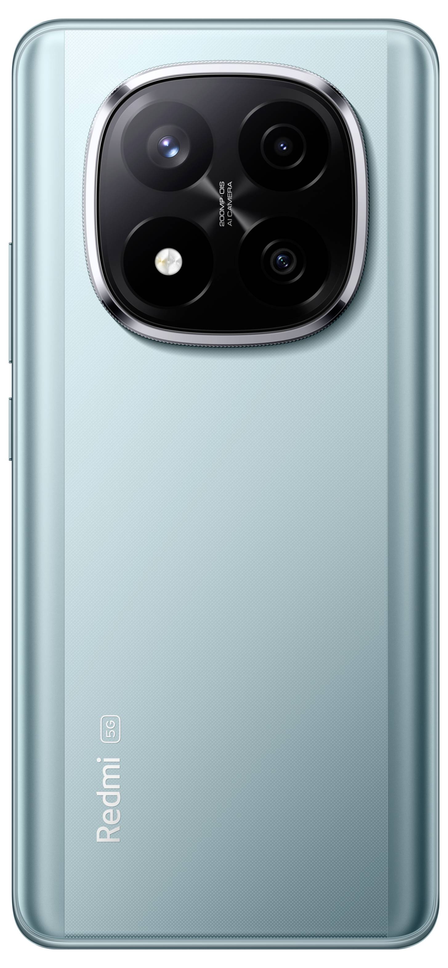 Ein türkisfarbenes Smartphone mit einer dreifachen Kameraanordnung auf der Rückseite, das eine reflektierende Oberfläche aufweist und den Text "Redmi" in der unteren linken Ecke trägt.