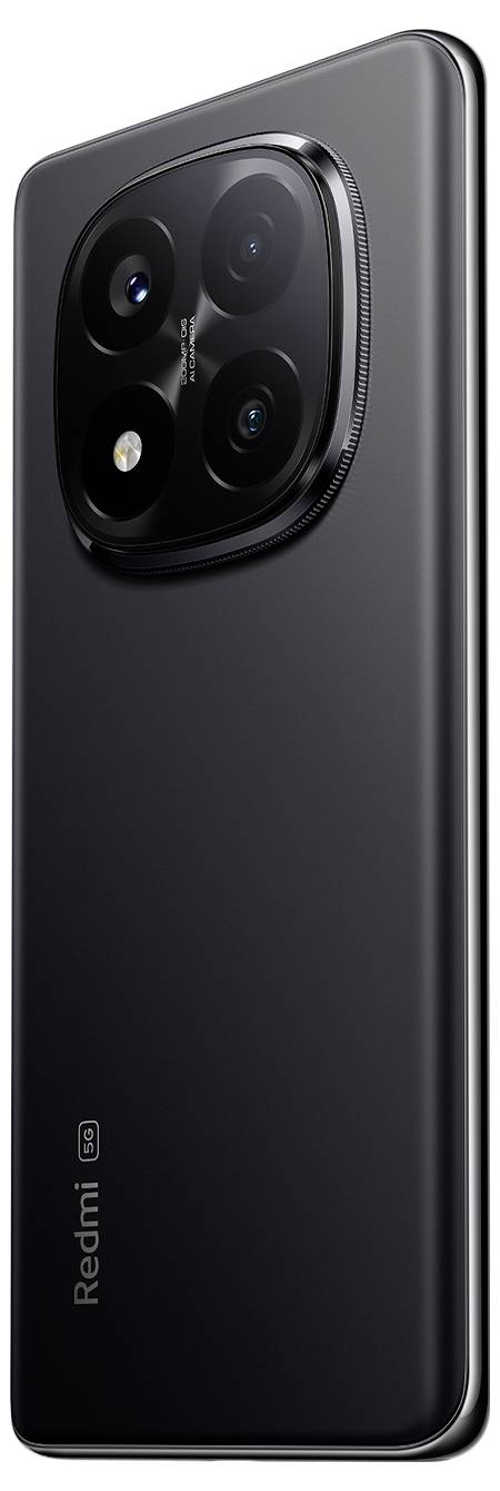 Ein schwarzes Smartphone mit einer Quad-Kamera-Anordnung auf der Rückseite, auf der das 'Redmi'-Logo am unteren Rand angebracht ist. Das Design des Telefons ist schlank und modern.