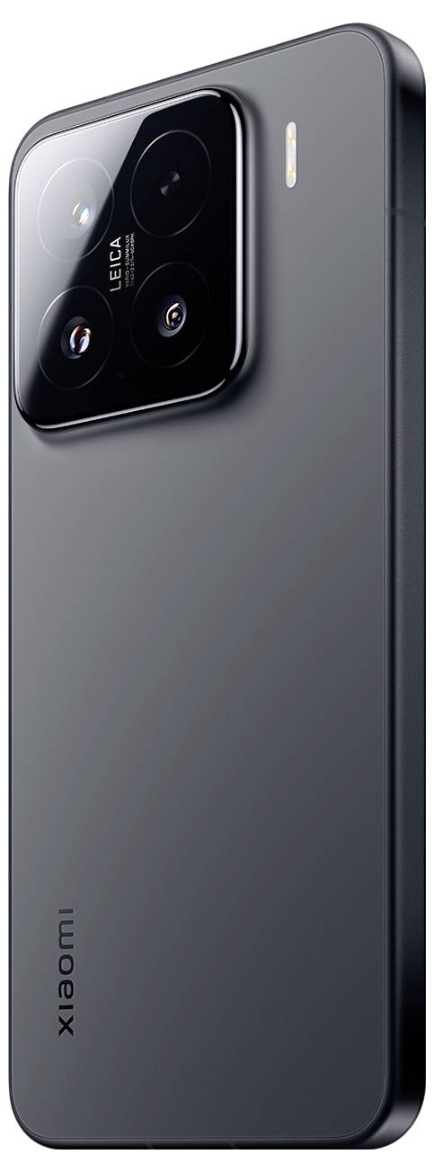 Ein schlankes, modernes Smartphone mit schwarzer Oberfläche, das eine dreifache Kameraanordnung und ein Markenlogo auf der Rückseite aufweist.