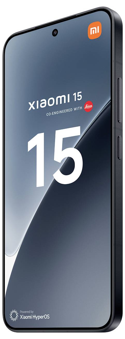 Smartphone, der einen Bildschirm mit der Aufschrift "Xiaomi 15 gemeinsam entwickelt mit Leica" zeigt, mit Xiaomi- und Leica-Branding und dem Text "Powered by Xiaomi HyperOS".