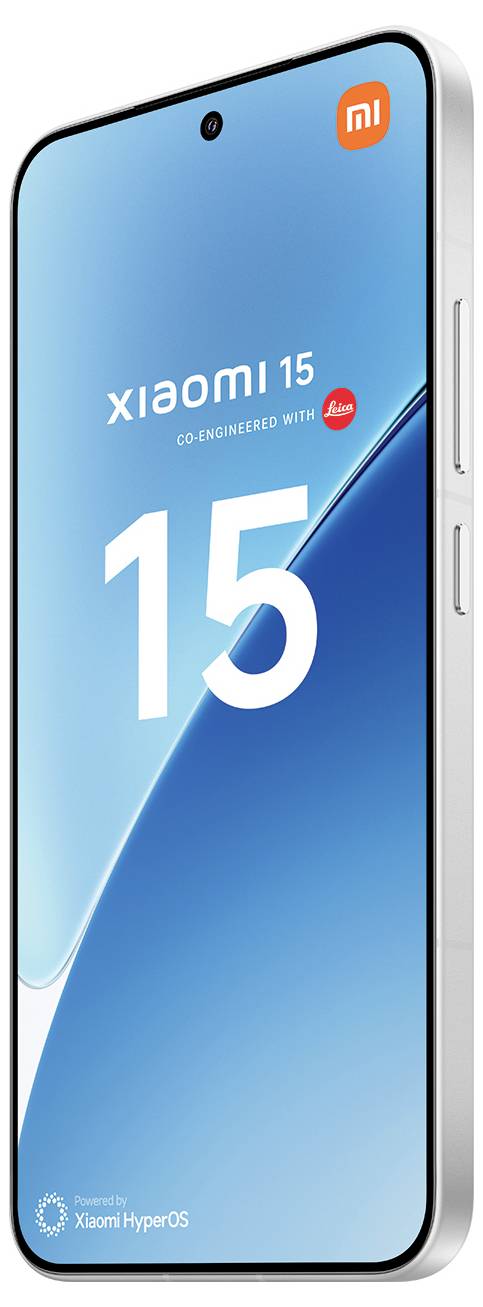 Ein Smartphone mit einem blauen Bildschirm, auf dem 'Xiaomi 15' und 'In Zusammenarbeit mit Leica entwickelt' angezeigt werden. Die Logos von Xiaomi und Leica sind sichtbar.