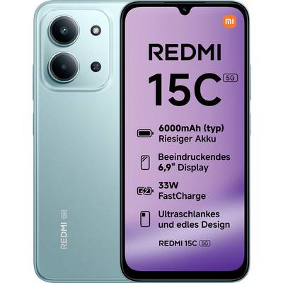 Ein grünes Smartphone mit Dual-Kamera-Setup zeigt den Text: 'REDMI 15C 5G, 6000mAh Akku, 6,9" Display, 33W Schnellladung, schlankes Design'.