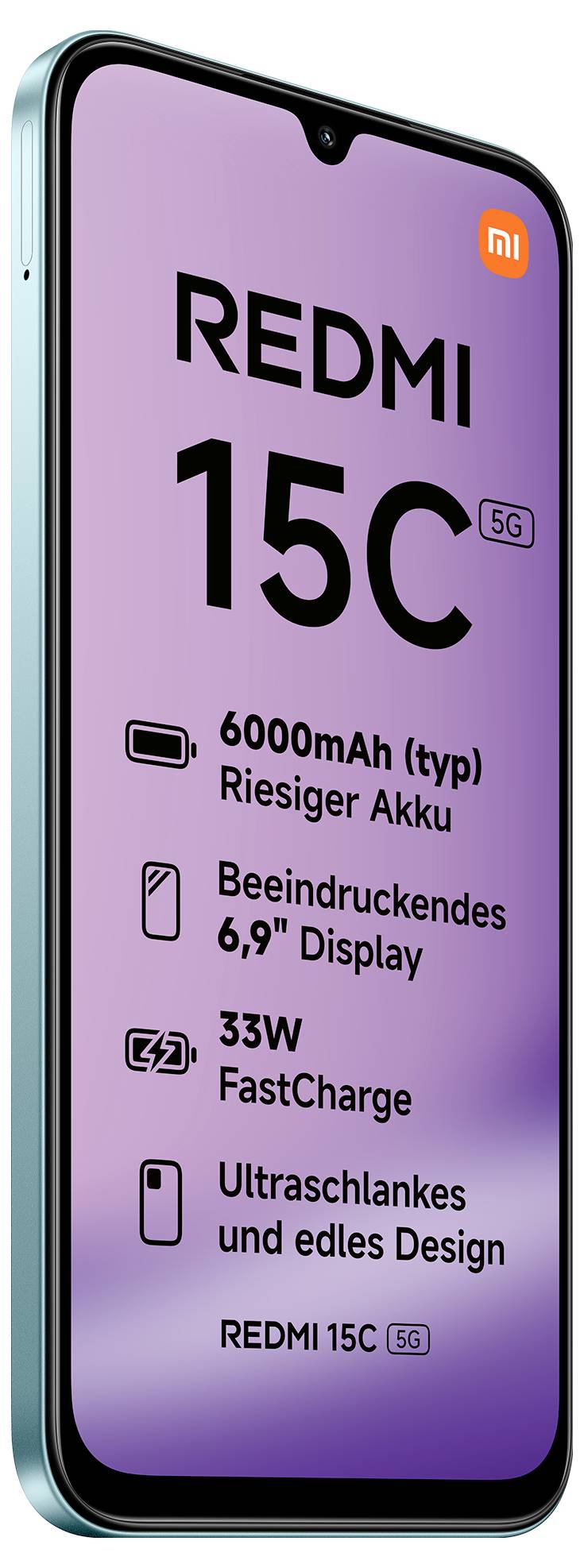 Ein Smartphone mit elegantem, schlankem Design. Der Bildschirm zeigt Funktionen: große 6000-mAh-Batterie, 6,9" Display, 33-W-Schnellladefunktion und 5G-Fähigkeit.