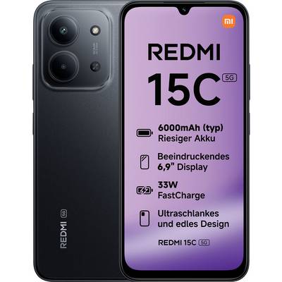 Die Abbildung zeigt eine Werbeanzeige für das Smartphone 'Redmi 15C 5G' mit einem 6000-mAh-Akku, 6,9-Zoll-Display, 33-W-Schnellladefunktion und schlankem Design.