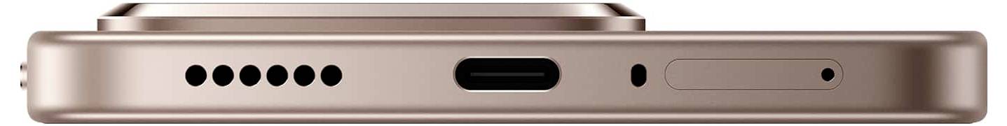 Seitenansicht eines Smartphones in Metallic-Optik mit USB-C-Anschluss, Lautsprecher-Öffnungen und einem SIM-Kartensteckplatz.