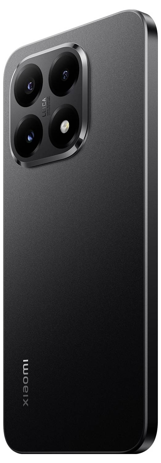 Ein schlankes, schwarzes Smartphone mit einer Quad-Kamera-Anordnung auf der Rückseite, markiert mit den Marken 'Xiaomi' und 'Leica', das ein modernes Design präsentiert.