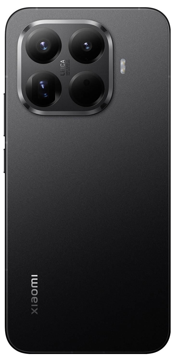 Ein schwarzes Smartphone mit einer Quad-Kamera-Anordnung in der oberen linken Ecke der Rückseite und der vertikalen 'xiaomi'-Markierung im unteren linken Bereich.