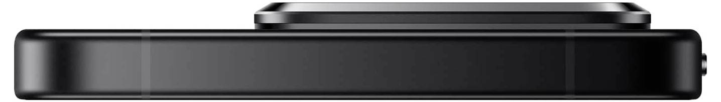 Seitenansicht eines schwarzen, rechteckigen elektronischen Geräts mit elegantem, modernem Design, möglicherweise ein Telefon oder eine tragbare Powerbank.