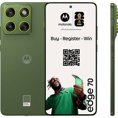Ein Smartphone-Display zeigt eine „Kaufen - Registrieren - Gewinnen"-Aktion mit einem QR-Code und einem Sportfan-Bild. Die Rückseite hat ein dreifaches Kamera-Setup.