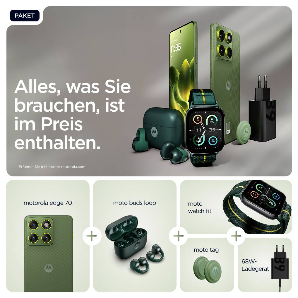 Im Bild zu sehen: Ein Paket bestehend aus einem grünen Smartphone, einer Smartwatch, kabellosen Ohrhörern, einem Ladegerät. Text: 'Alles, was Sie brauchen, ist im Preis enthalten.'