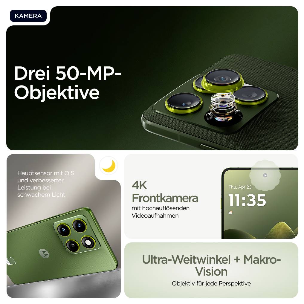 'Drei 50-MP-Objektive, Hauptsensor mit OIS, 4K Frontkamera für Videoaufnahmen, Ultra-Weitwinkel + Makro-Vision-Objektiv für Perspektive.'