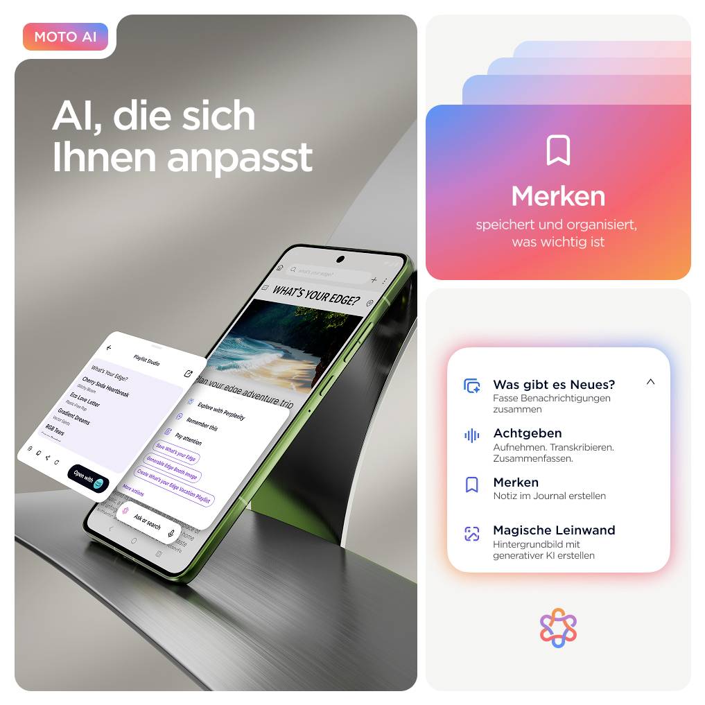 AI-basierte App auf Smartphone zeigt Anpassungsmenü. Drei Funktionen: 'Merken' zum Speichern von Informationen, 'Neuigkeiten' zum Teilen von Updates, 'Magische Leinwand' für personalisierte Hintergründe.