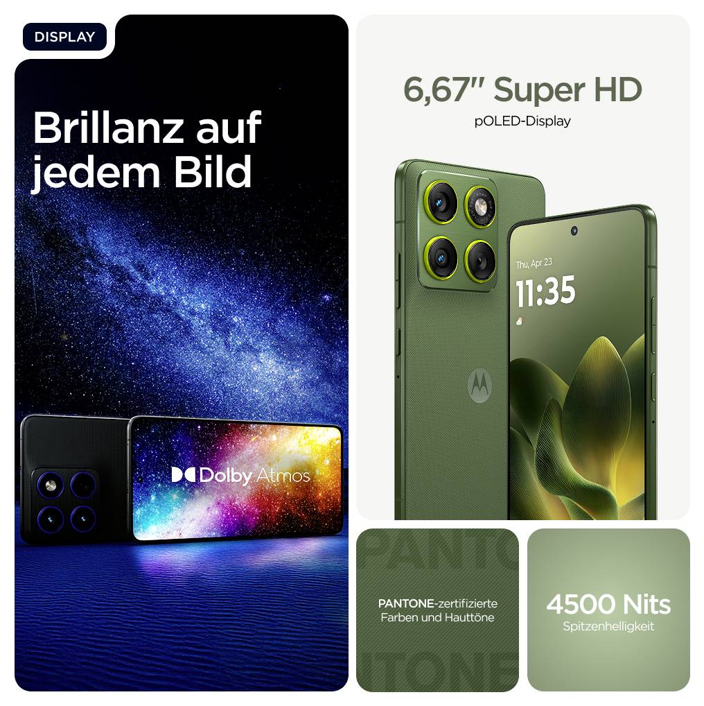 Smartphone mit 6,67-Zoll-Super-HD pOLED-Display. Dolby Atmos, 4500 Nits Helligkeit, PANTONE-zertifizierte Farben.