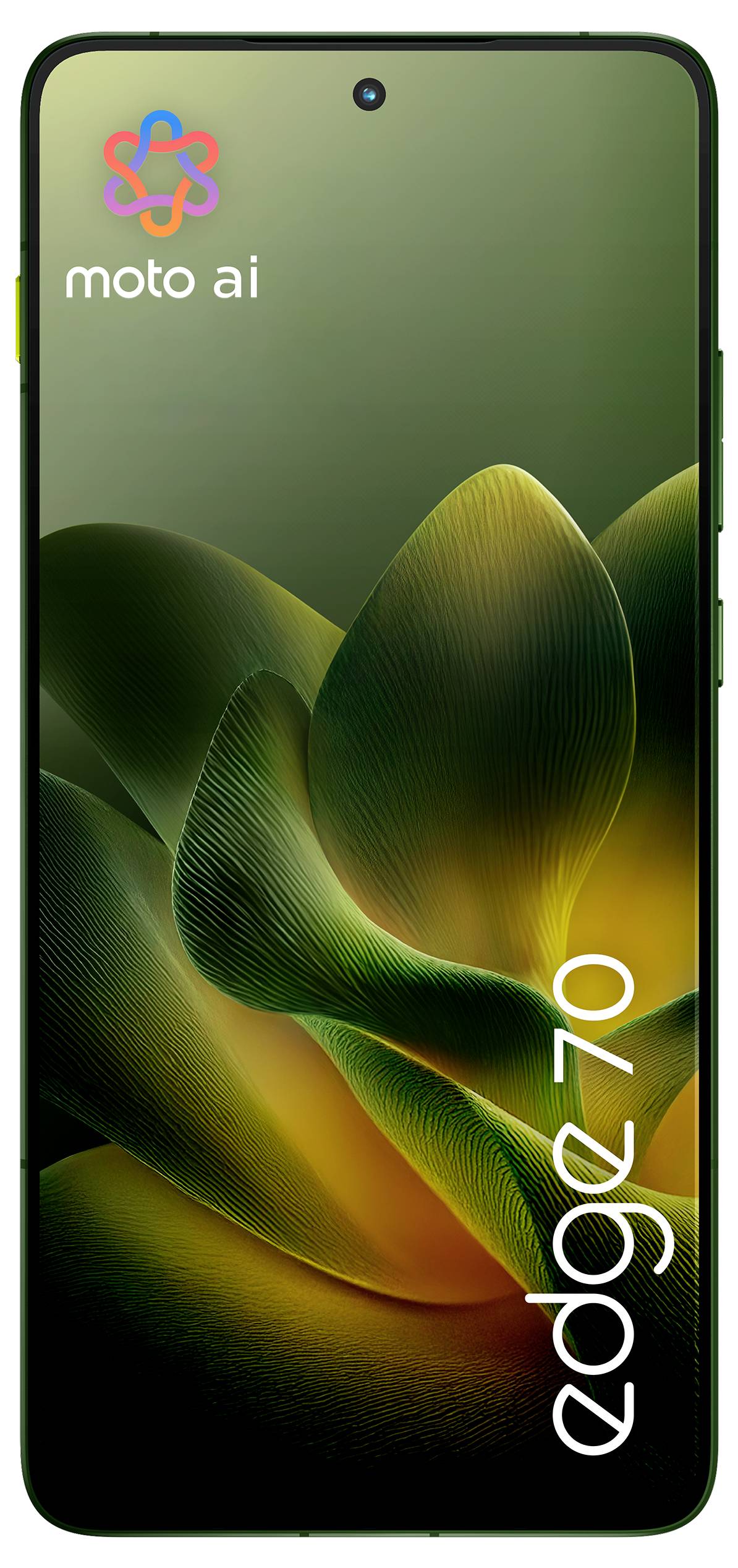 'Motorola Edge 40 Neo Smartphone Vorderansicht mit einem blattthematischen Bildschirmbild und „moto ai"-Text in der oberen linken Ecke.'