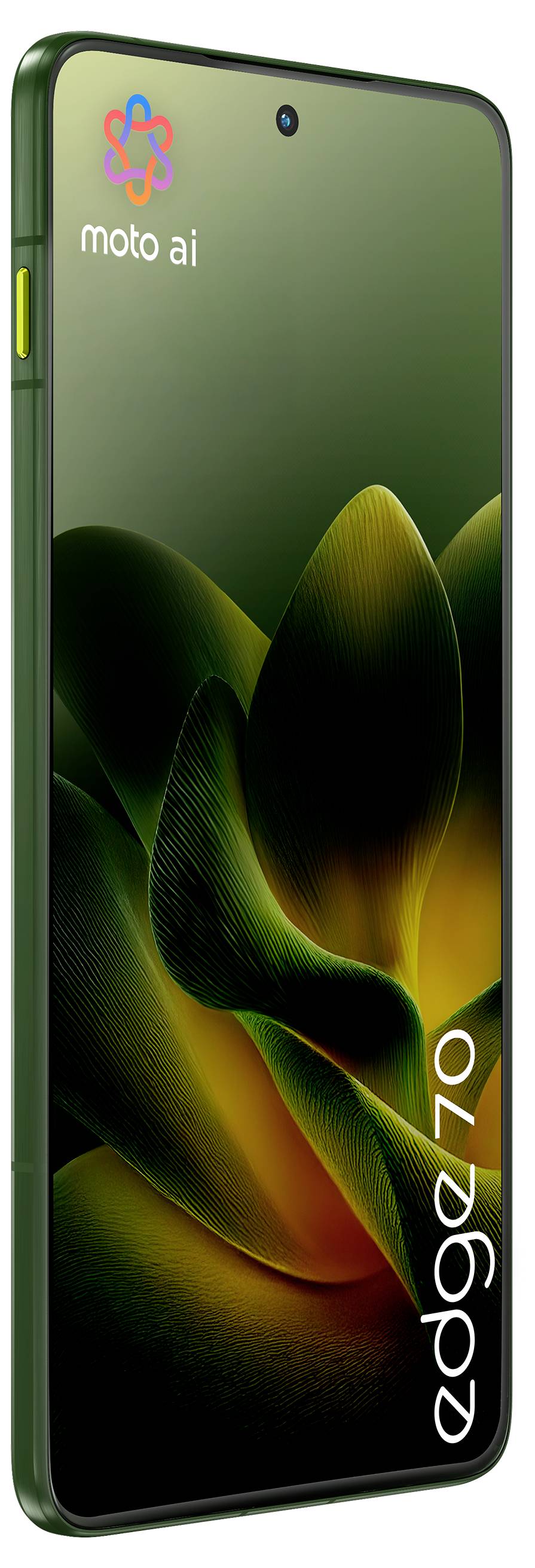 Ein Smartphone mit drei rückwärtigen Kameras und einer grünen strukturierten Rückseite, das ein minimalistisches Design mit einem Logo in der Mitte präsentiert.