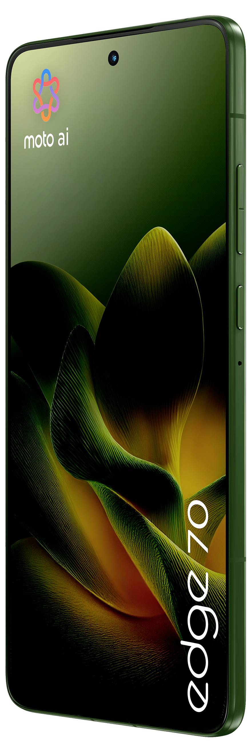 Smartphone mit "moto ai"-Logo, das ein abstraktes Blatmuster anzeigt. Das Modell ist als "edge 70" gekennzeichnet.