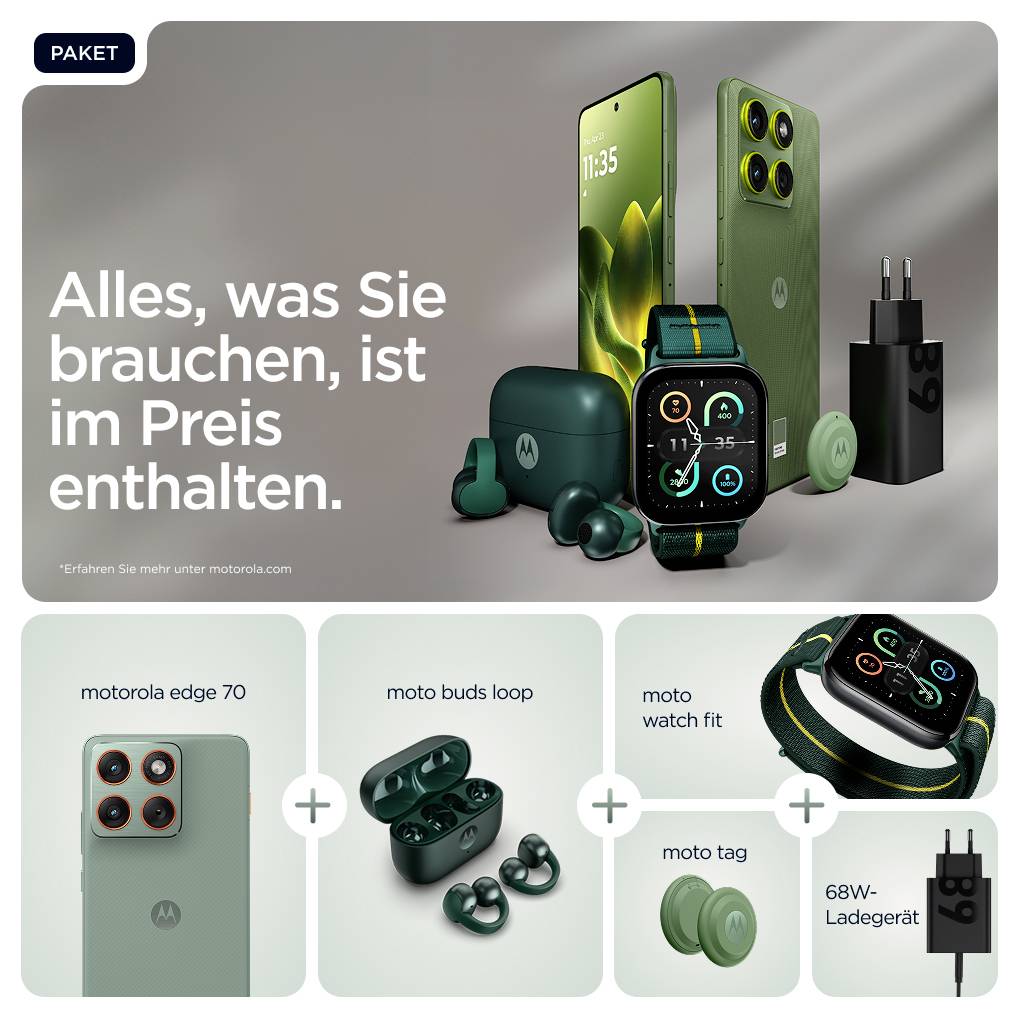 Smartphone-Paket mit 'motorola edge 70', kabellosen Ohrhörern 'moto buds loop', 'moto watch 70', 68W-Ladegerät; Schrift: 'Alles, was Sie brauchen, ist im Preis enthalten.'