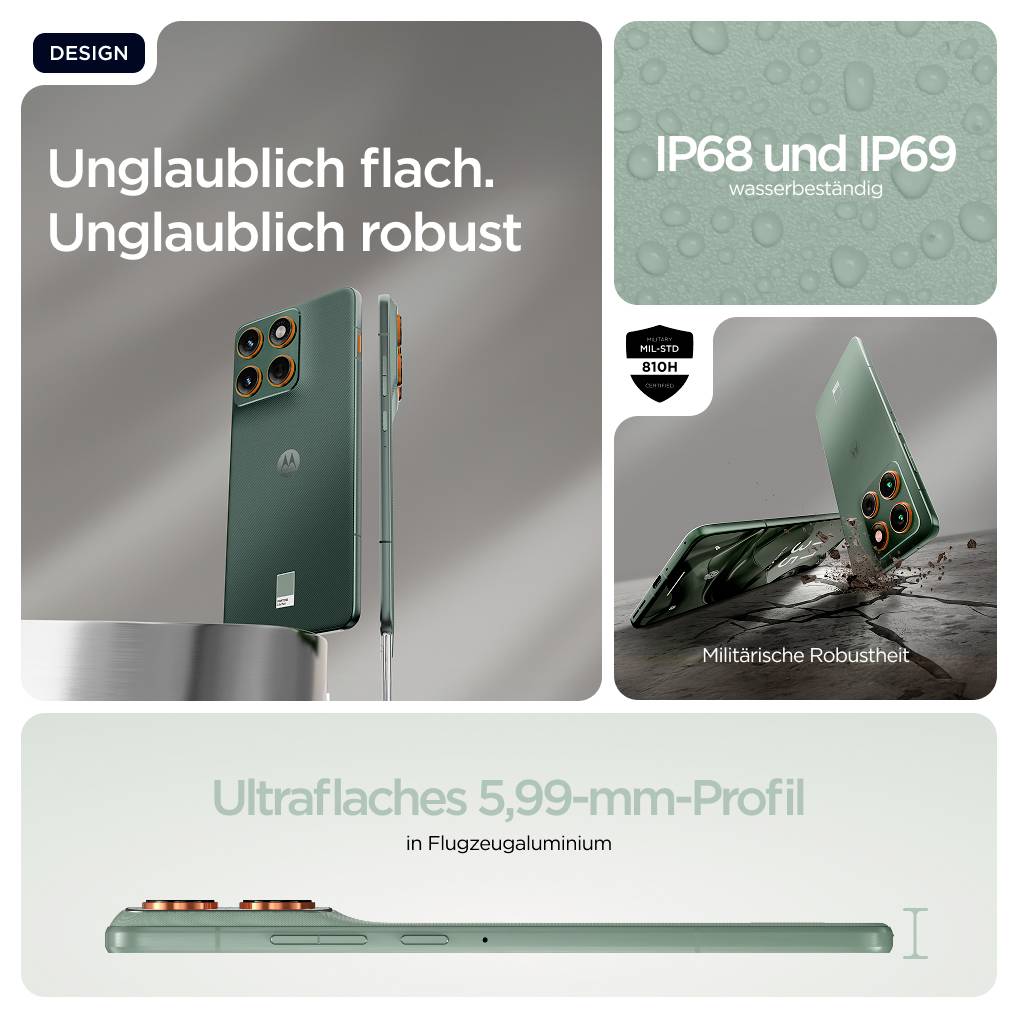Das Bild zeigt ein Smartphone mit robustem Design. Texte heben die Wasserdichtigkeit (IP68/IP69) und das ultraflache 5,99-mm-Profil hervor.