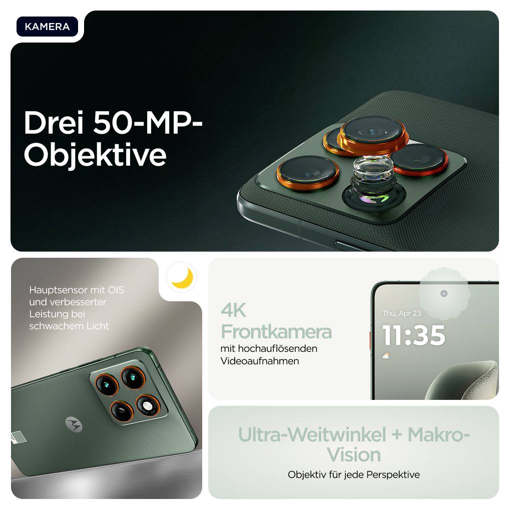 'Drei 50-MP-Objektive' zeigt drei Kameralinsen eines Smartphones. Text beschreibt Kamera-Features und ihre Leistungsfähigkeit bei schwachem Licht.