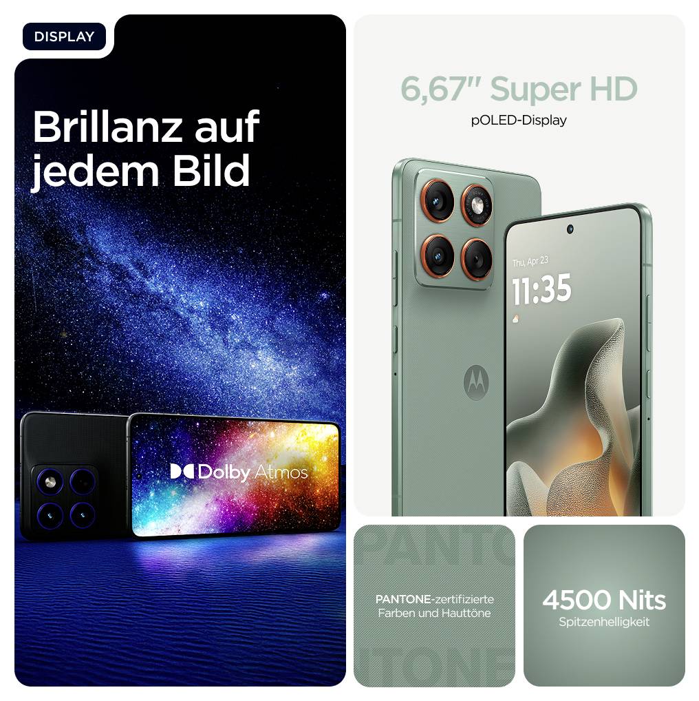 'Smartphone mit 6,67" Super HD pOLED-Display, Dolby Atmos, 4500 Nits Helligkeit. Zeigt Kamera und Displaydetails, Pantone-Farben.'