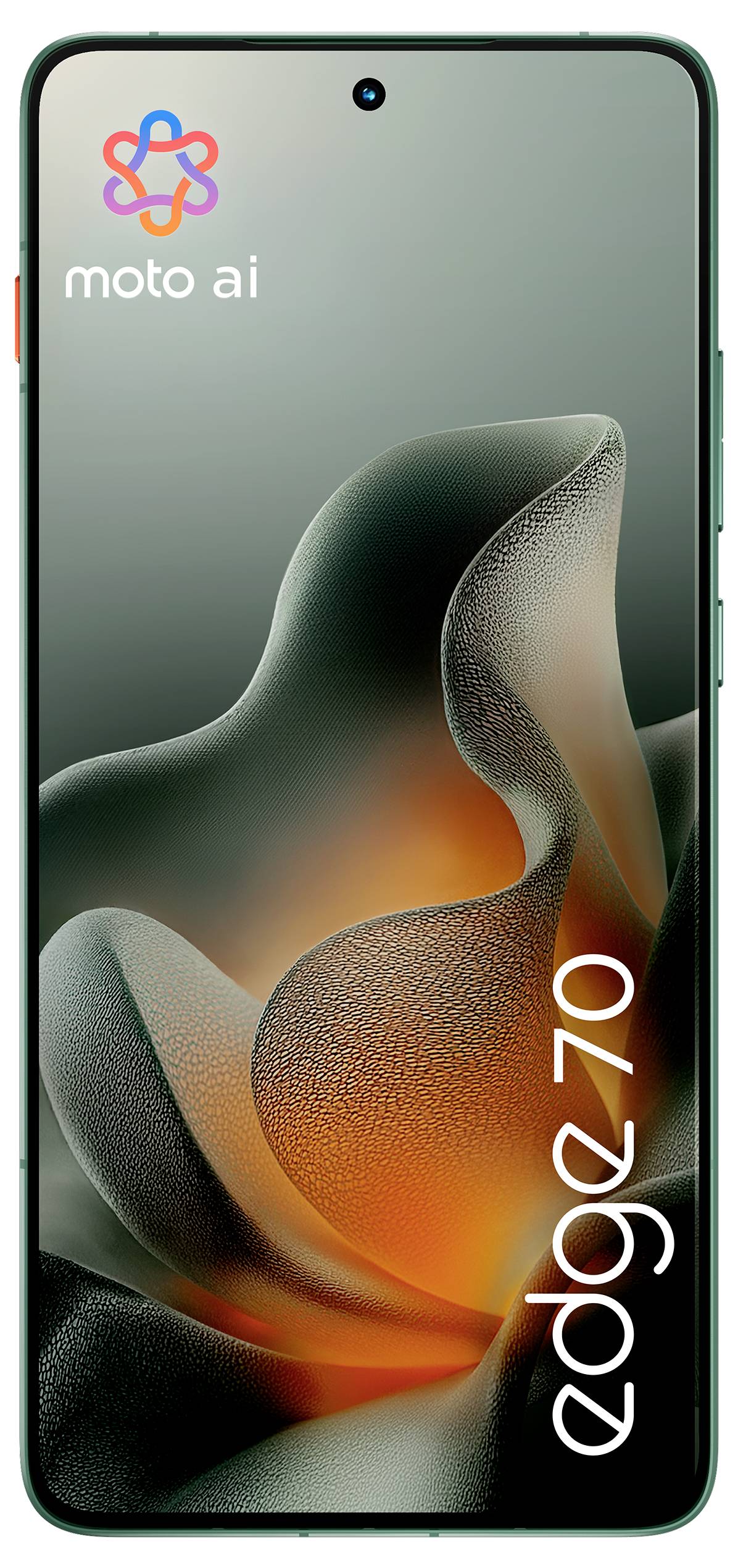 Smartphone-Bildschirm mit einem stilisierten orange-grauen abstrakten Muster, dem „moto ai"-Logo oben links und „edge 30" vertikal auf der rechten Seite.