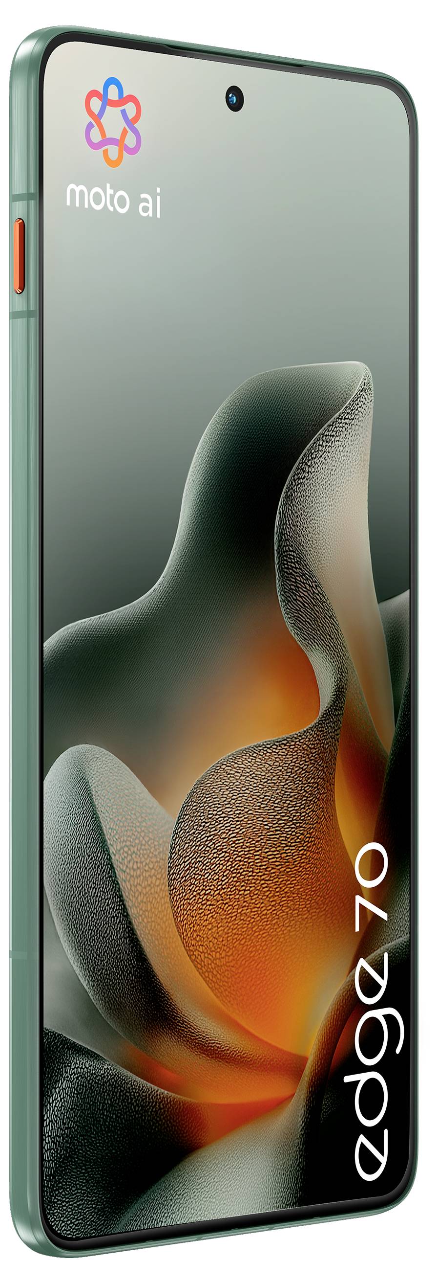 Ein Smartphone mit einer strukturierten abstrakten Hintergrundgrafik auf dem Bildschirm, die die Logos „moto ai" und „edge 40" zeigt, mit grünem Gehäuse.