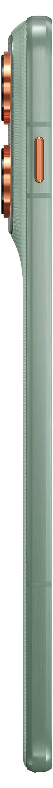 'Drei 50-MP-Objektive' und '4K Frontkamera' auf grünem Smartphone hervorgehoben. Beschriftungen: 'Hauptsensor bei schwachem Licht', 'Ultra-Weitwinkel + Makro-Vision'.