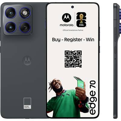 "Motorola Edge 70 Telefon zeigt „Kaufen - Registrieren - Gewinnen" mit einem QR-Code und eine Person, die ein Telefon hält. Seiten- und Rückansichten werden gezeigt."