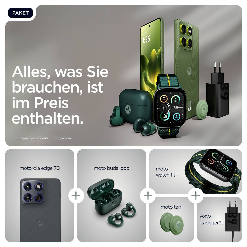 Das Bild zeigt ein Werbepaket: Motorola-Smartphone, Smartwatch, Ohrhörer, und Ladegerät. Text: 'Alles, was Sie brauchen, ist im Preis enthalten'.