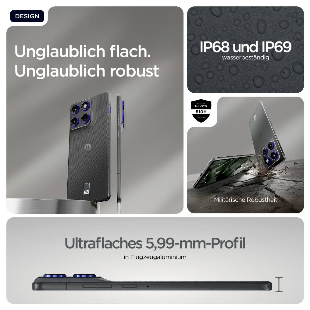 Ein Smartphone mit robustem, flachem Design. Wasserbeständig nach IP68 und IP69. Profilhöhe 5,99 mm in Flugzeugaluminium.