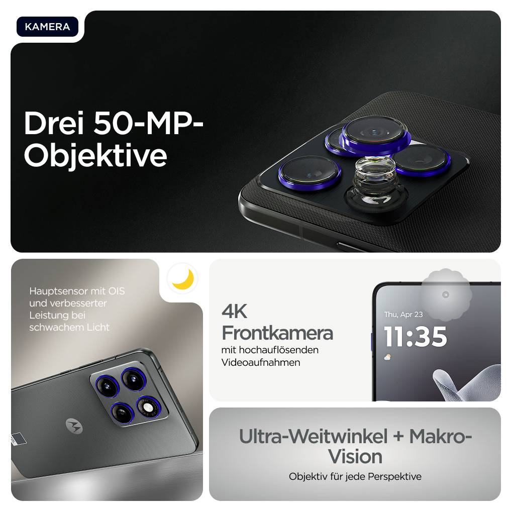 'Drei 50-MP-Objektive und 4K-Frontkamera für hochauflösende Videoaufnahmen. Ultra-Weitwinkel und Makro-Vision für vielseitige Perspektiven.'