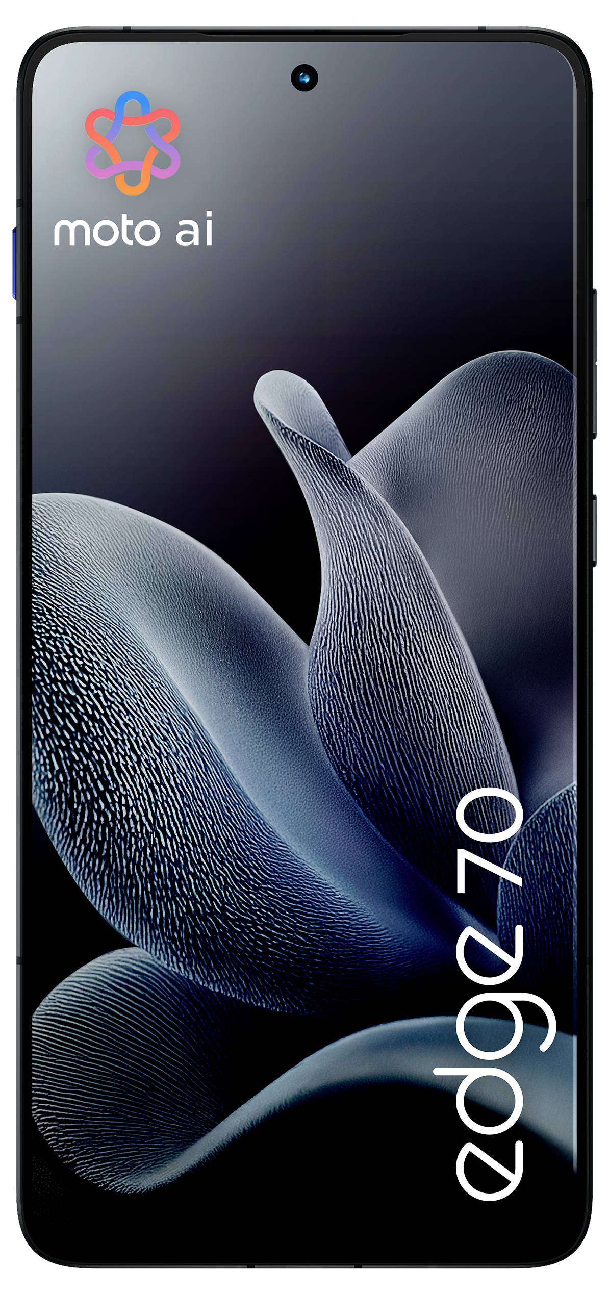 Smartphone-Vorderansicht mit lebhaftem Display und geschwungenem abstraktem Design. Der Text „moto ai" und „g2020" erscheint auf dem Bildschirm.