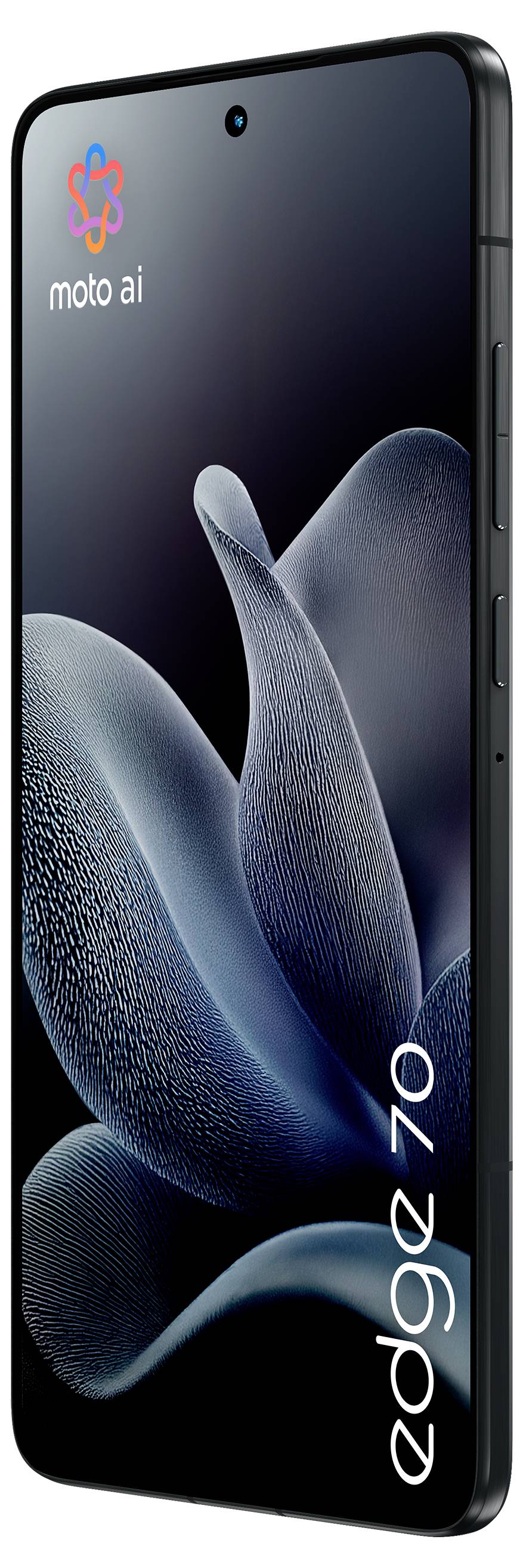 Ein elegantes Smartphone mit minimalistischem Design, das die Wörter "moto ai" und "edge 40" auf dem Bildschirm anzeigt.